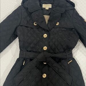 Michael Kors Quilted Black Trench Coat with Gold Accents